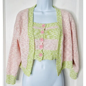 Hand Knit Cardigan & Tank S Cropped Button Soft Girl Pink Preppy Classic Stretch